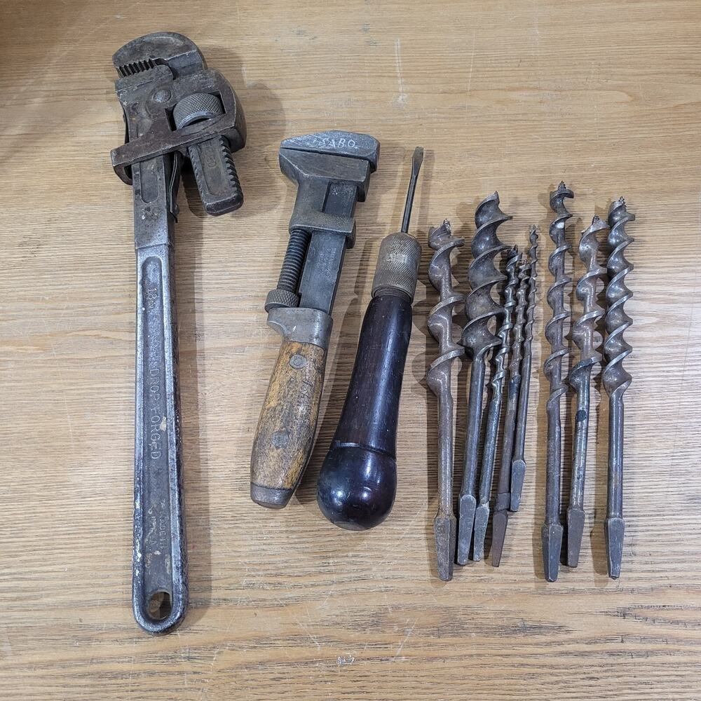 Vtg Various Hand Tools Wrench Screwdriver w/ Storage Auger Bits Mixed Lot 11 pc